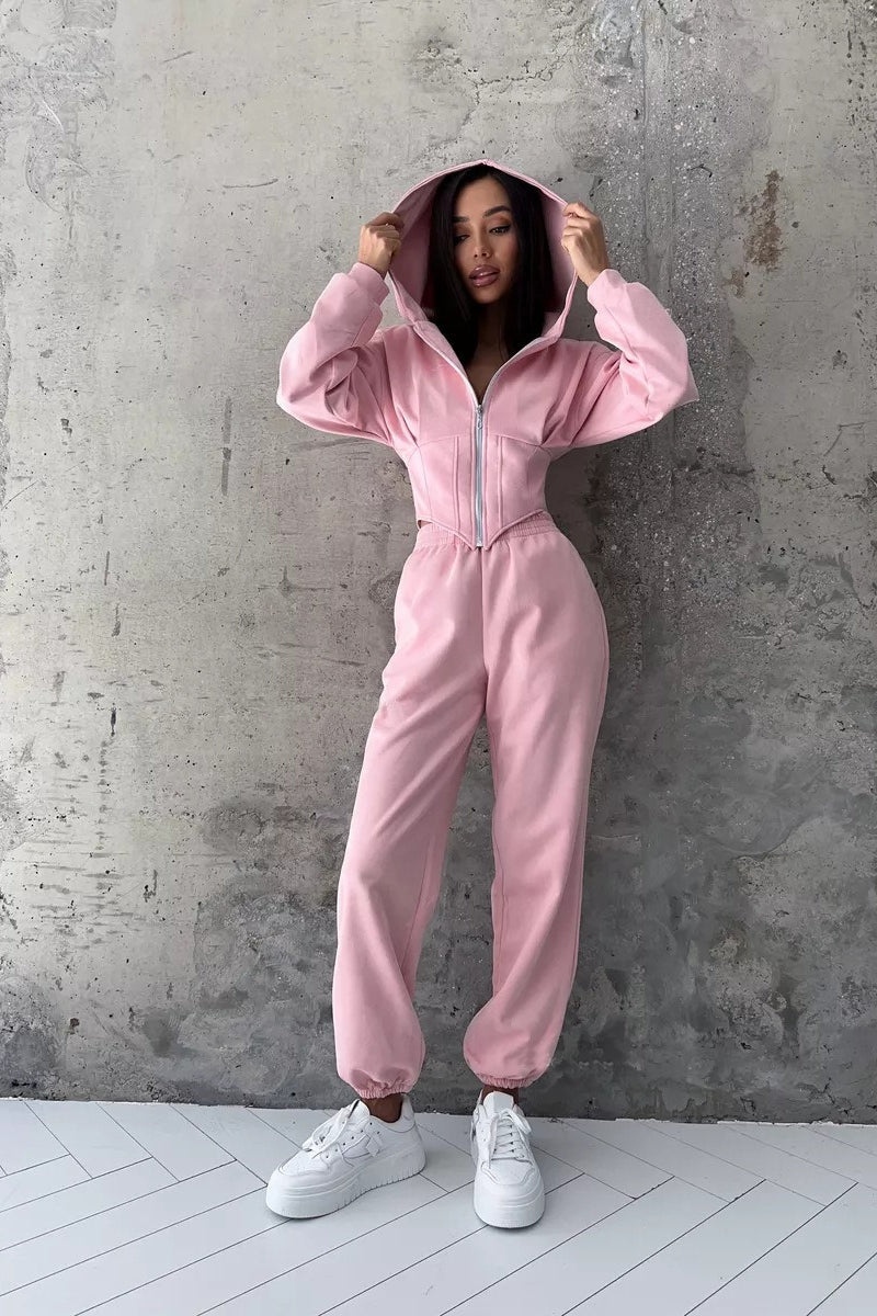 Thea | Elegant Zip-Front Hooded Tracksuit with Jogger Pants