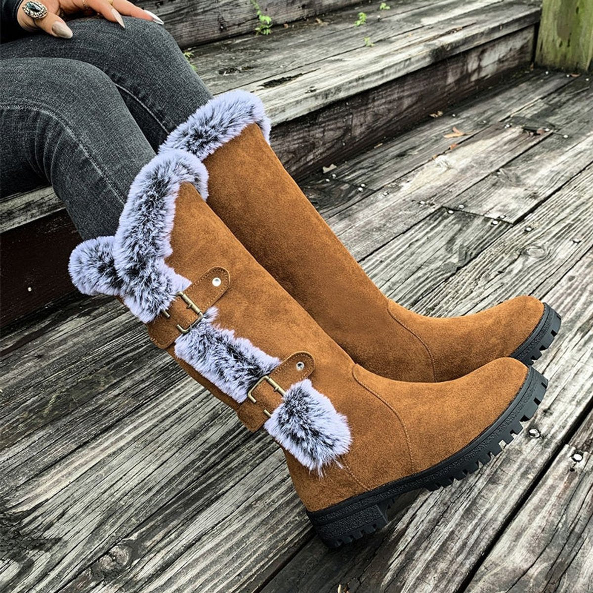 Violet | Polished Fur Trim Buckle Knee High Boots