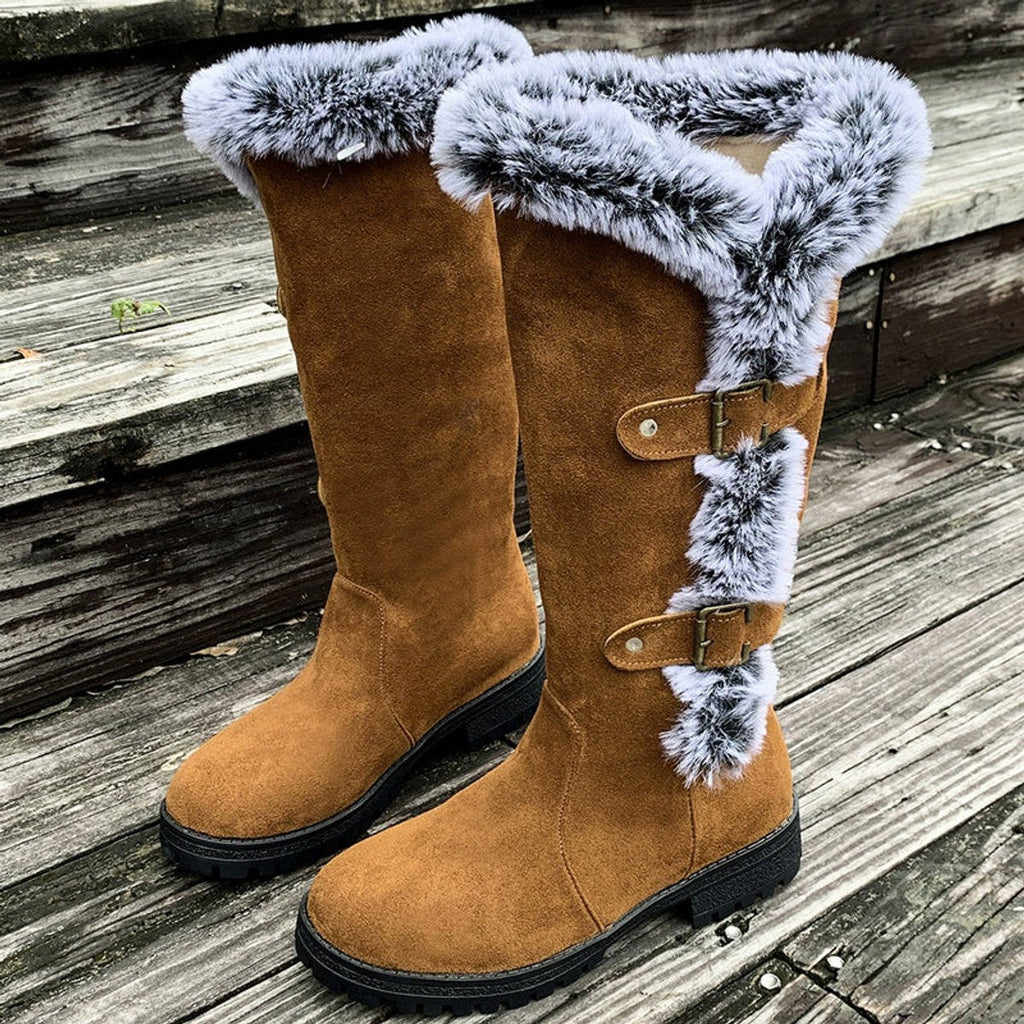 Violet | Polished Fur Trim Buckle Knee High Boots