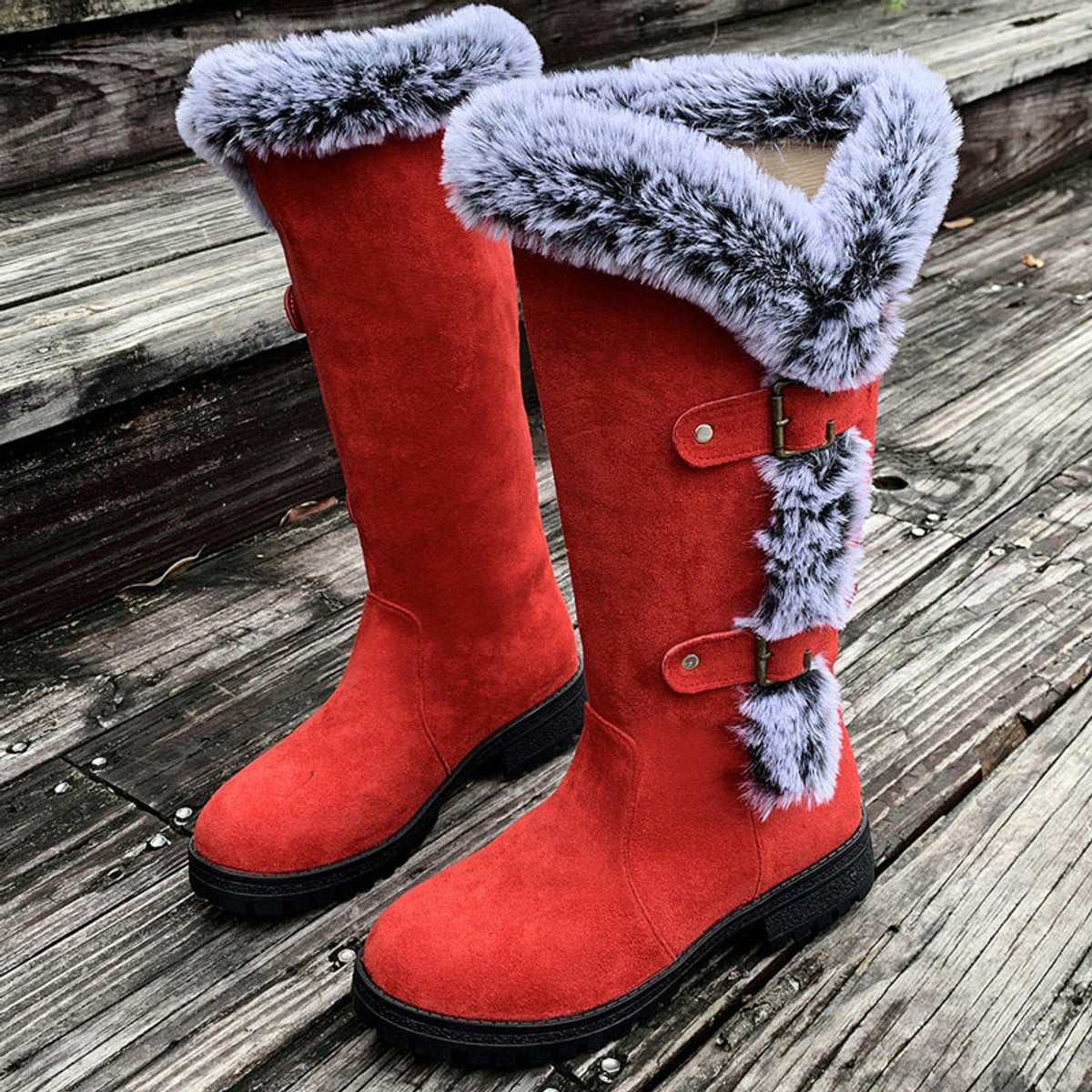 Violet | Polished Fur Trim Buckle Knee High Boots