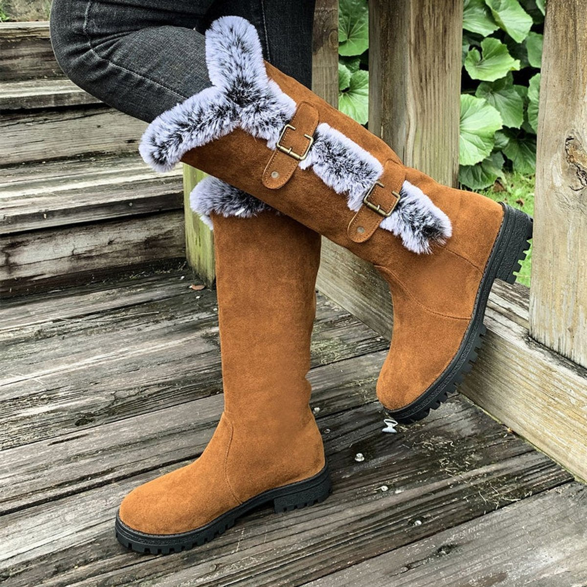 Violet | Polished Fur Trim Buckle Knee High Boots