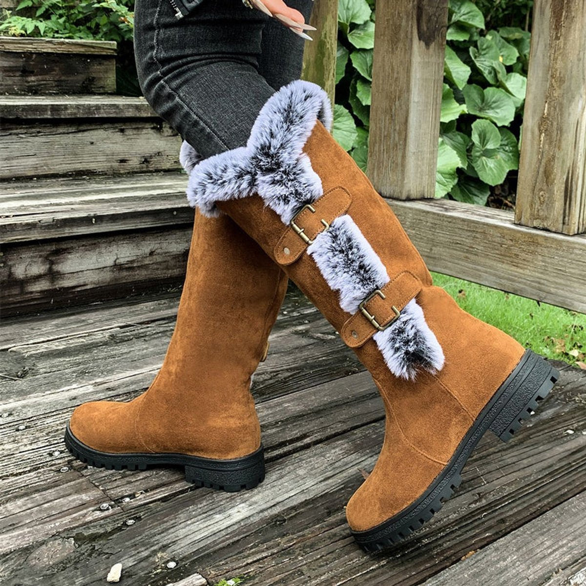 Violet | Polished Fur Trim Buckle Knee High Boots