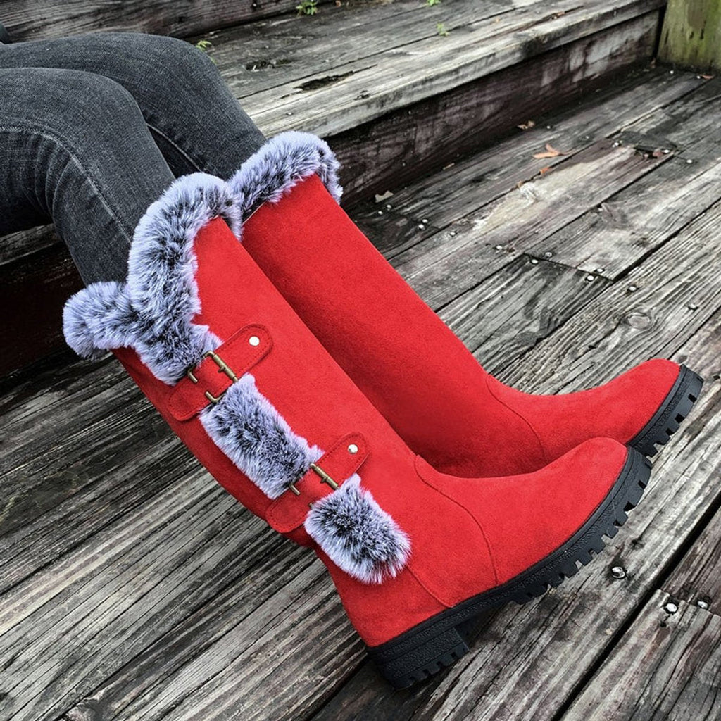 Violet | Polished Fur Trim Buckle Knee High Boots