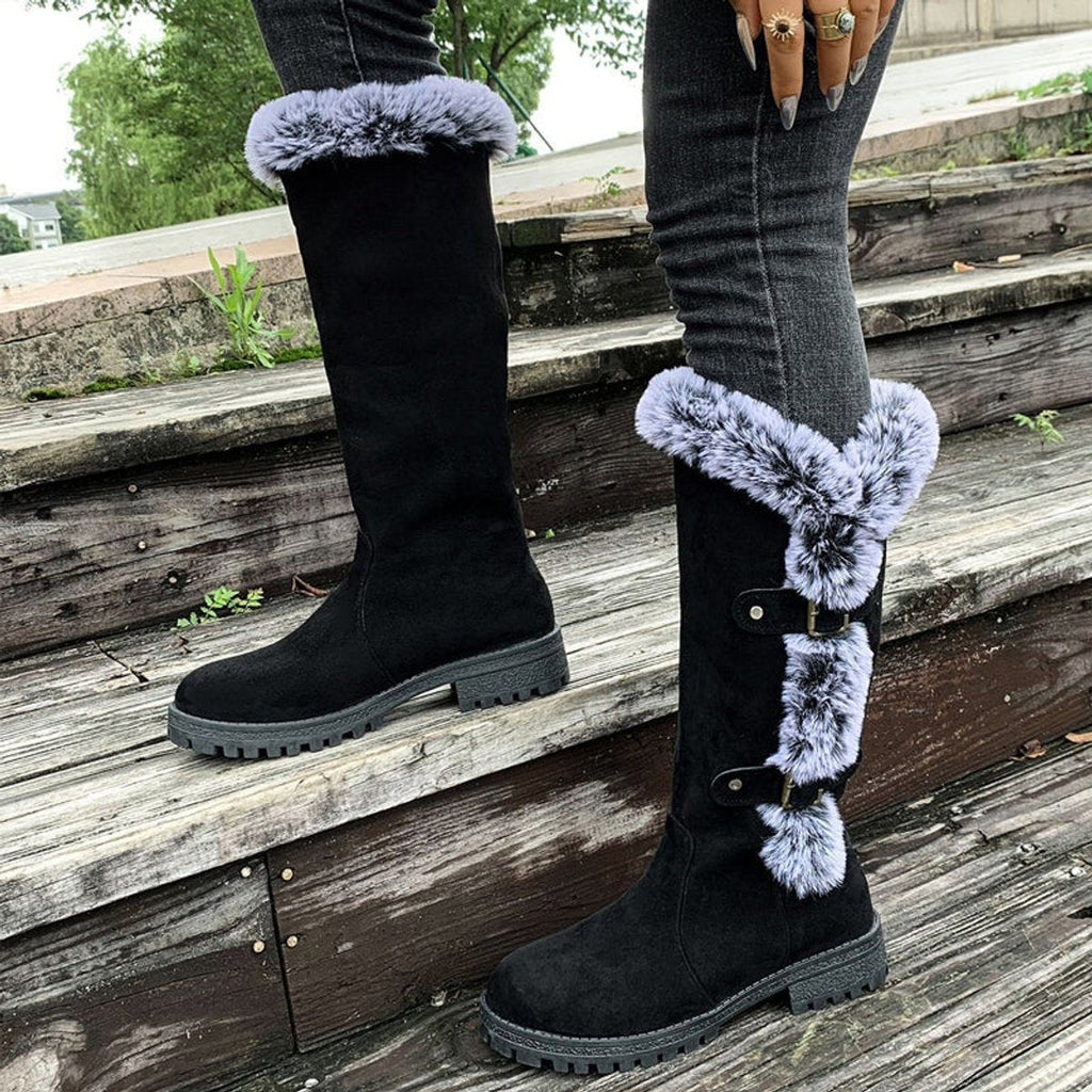 Violet | Polished Fur Trim Buckle Knee High Boots