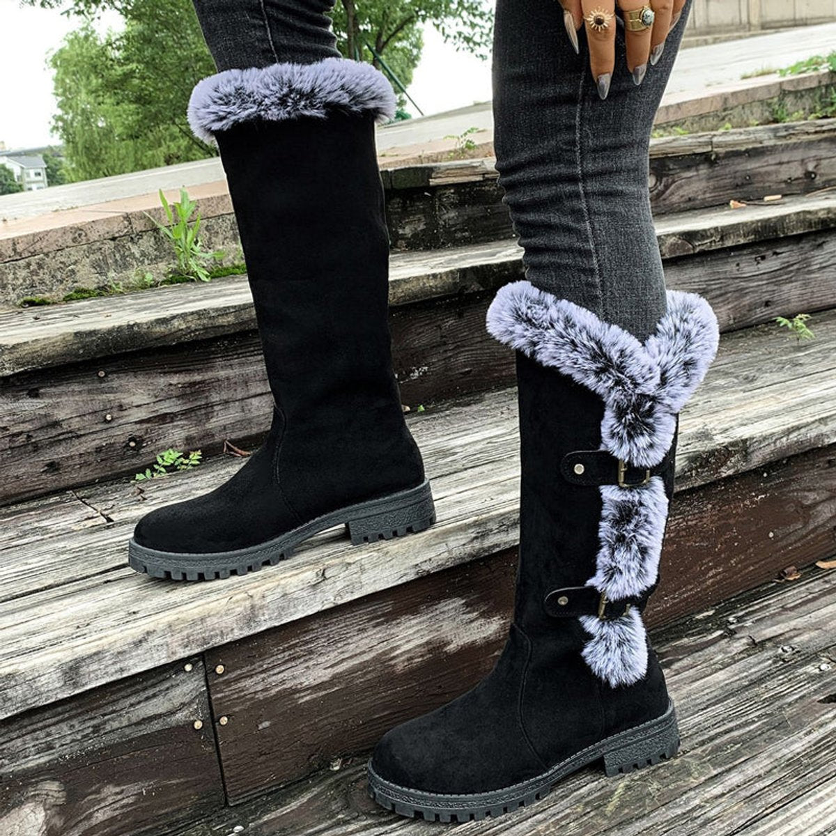 Violet | Polished Fur Trim Buckle Knee High Boots