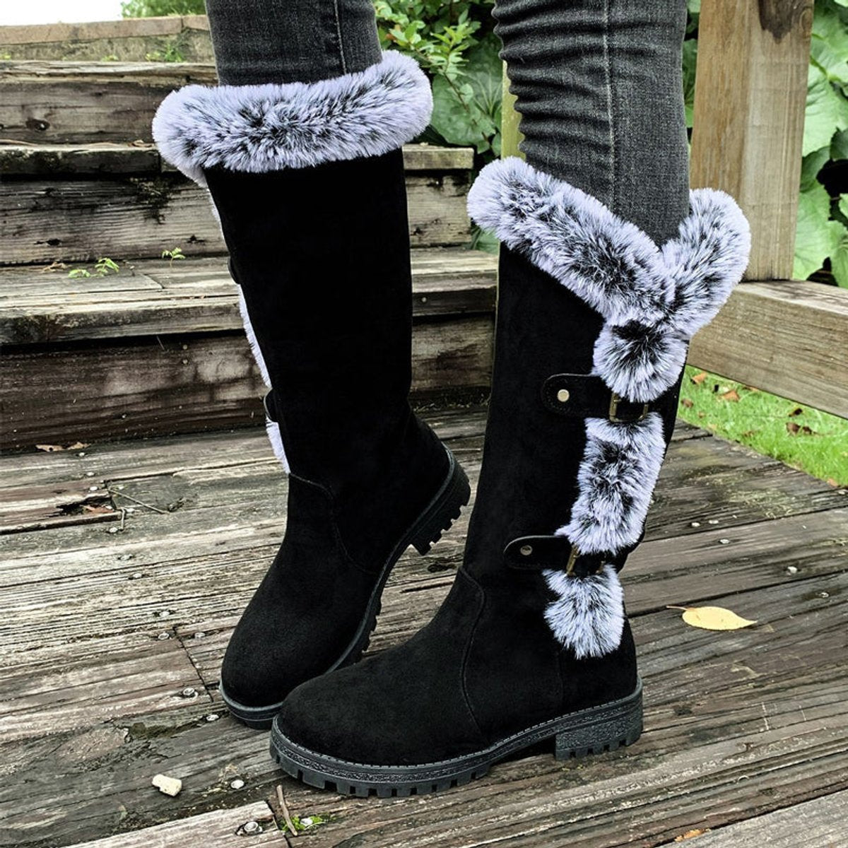 Violet | Polished Fur Trim Buckle Knee High Boots