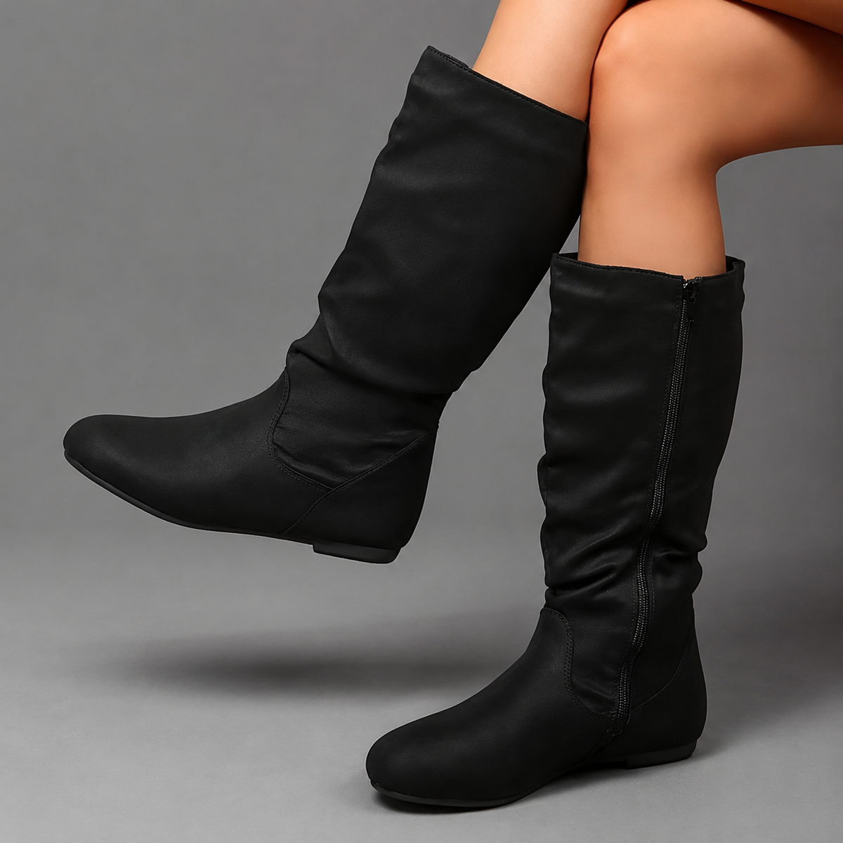Violet | Polished Slouchy Wide Fit Boots Knee High Zip