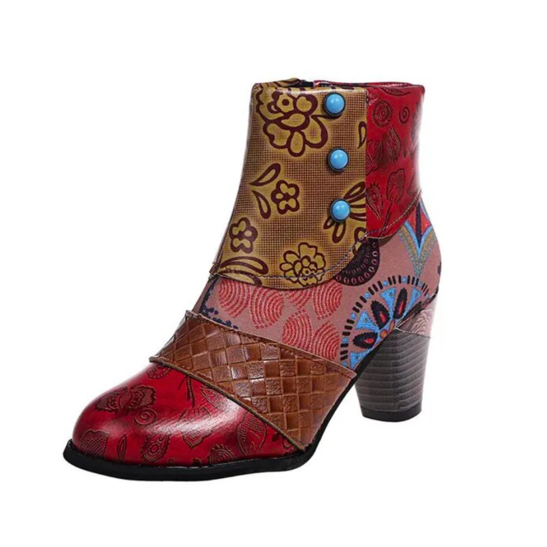 Zara | Polished Waterproof Ankle Boots with Ethnic Print Block Heel