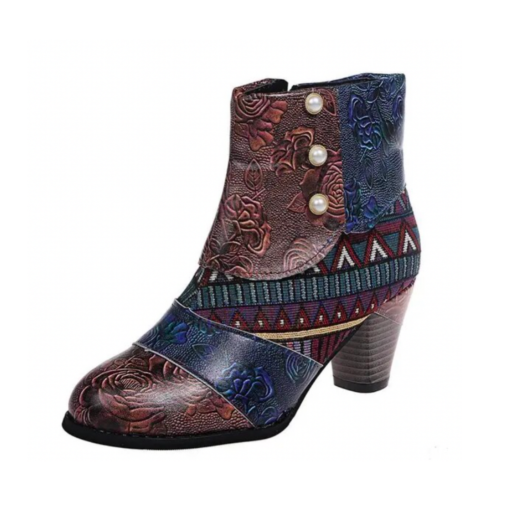 Zara | Polished Waterproof Ankle Boots with Ethnic Print Block Heel