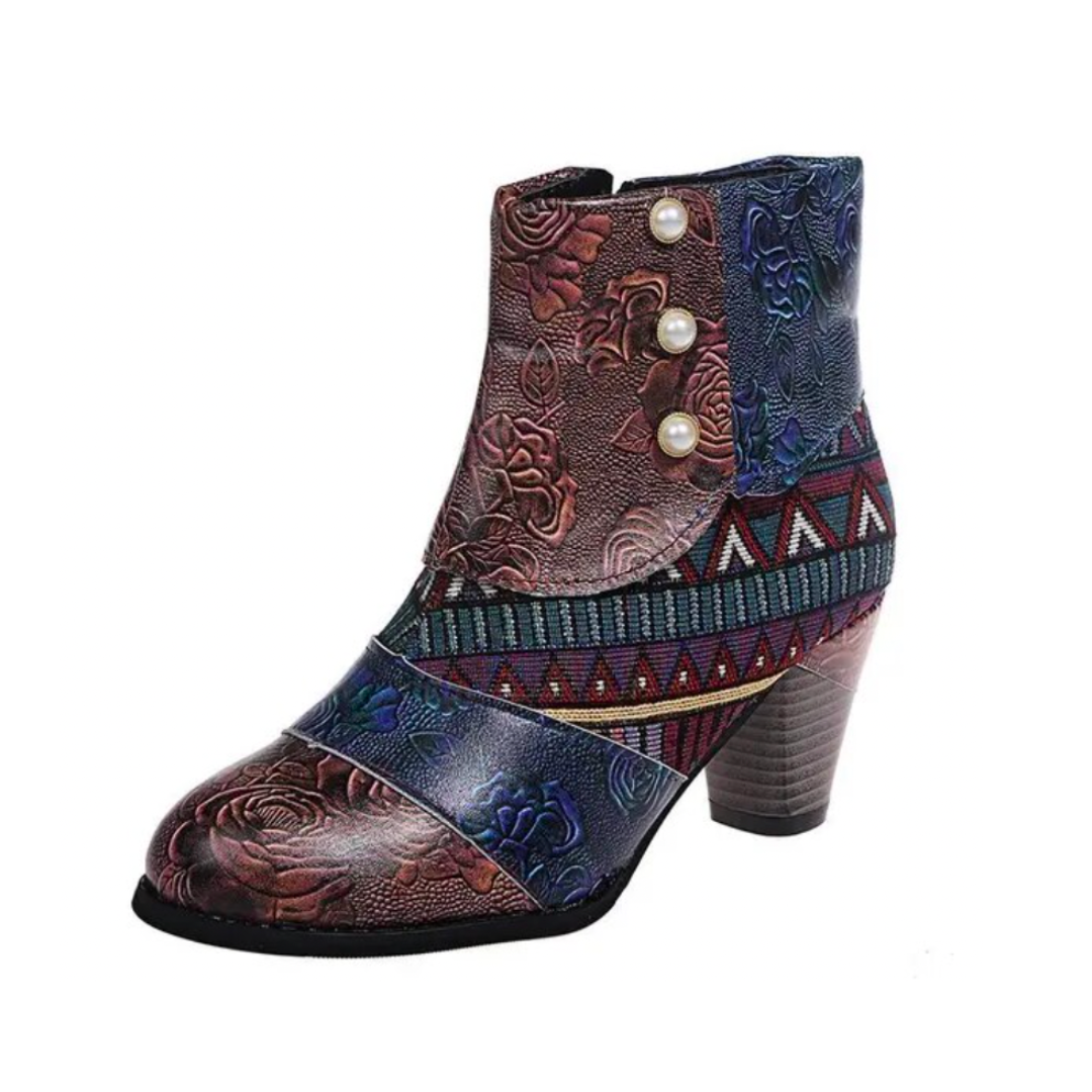 Zara | Polished Waterproof Ankle Boots with Ethnic Print Block Heel