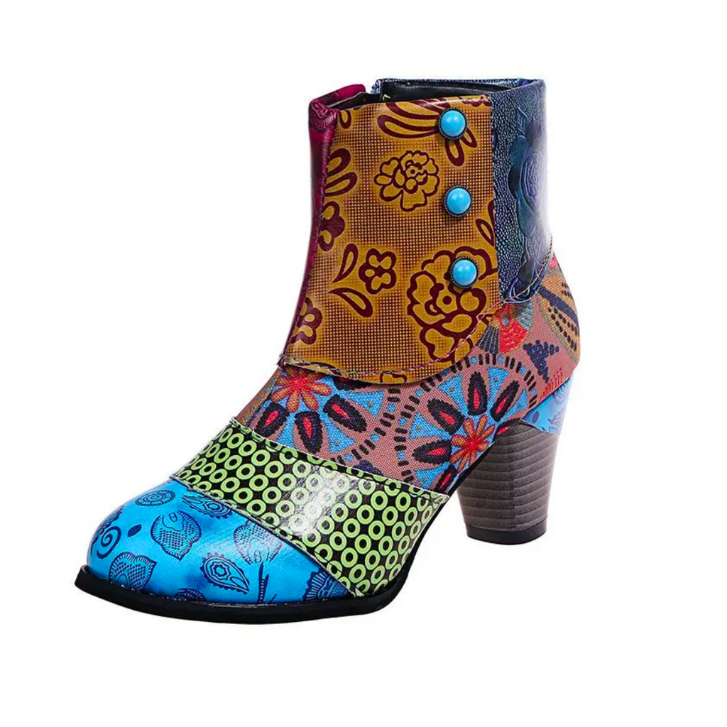 Zara | Polished Waterproof Ankle Boots with Ethnic Print Block Heel
