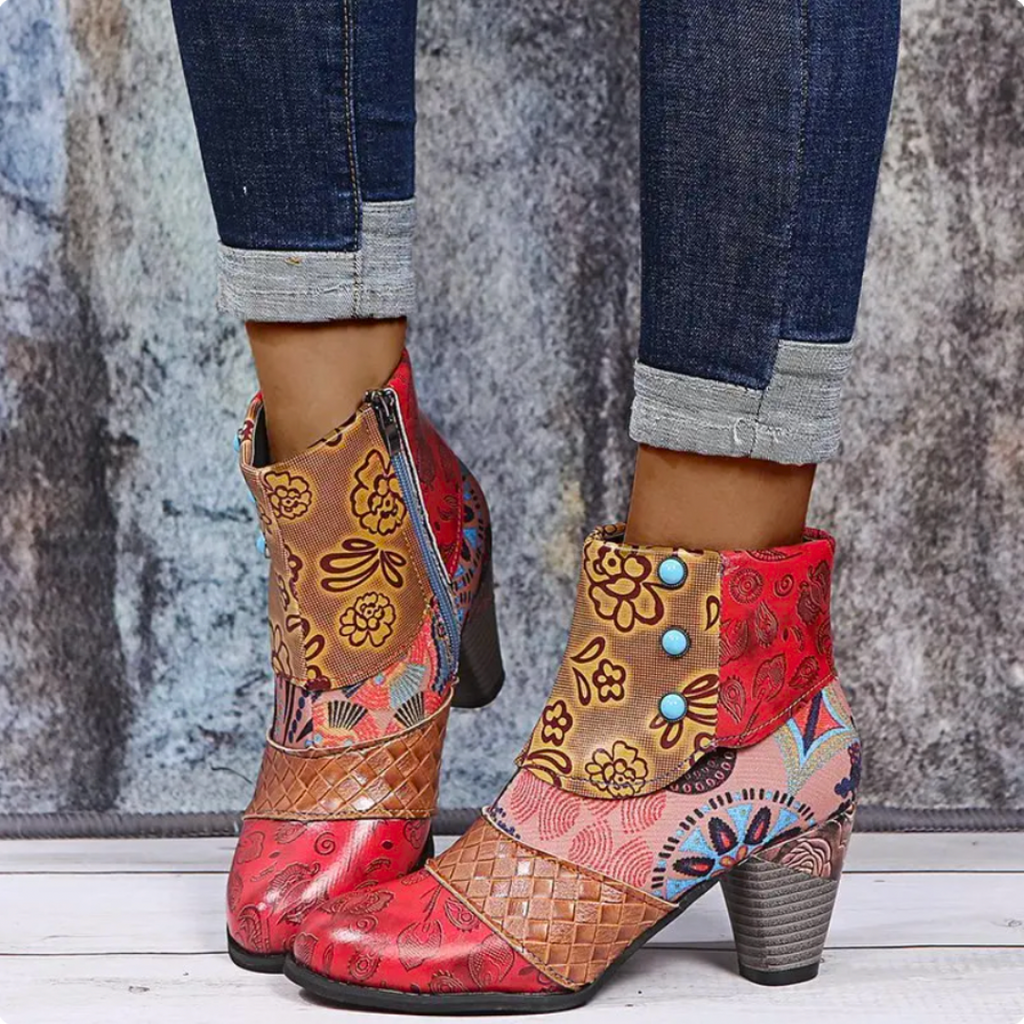 Zara | Polished Waterproof Ankle Boots with Ethnic Print Block Heel