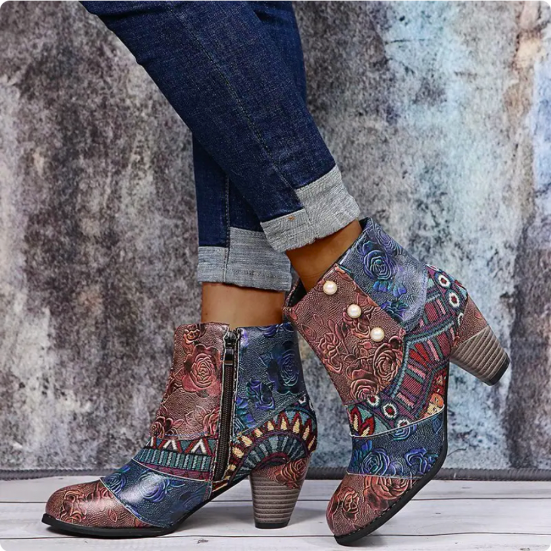 Zara | Polished Waterproof Ankle Boots with Ethnic Print Block Heel