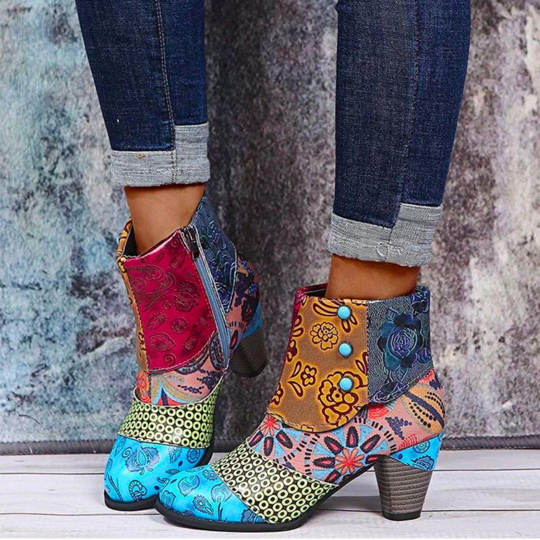 Zara | Polished Waterproof Ankle Boots with Ethnic Print Block Heel
