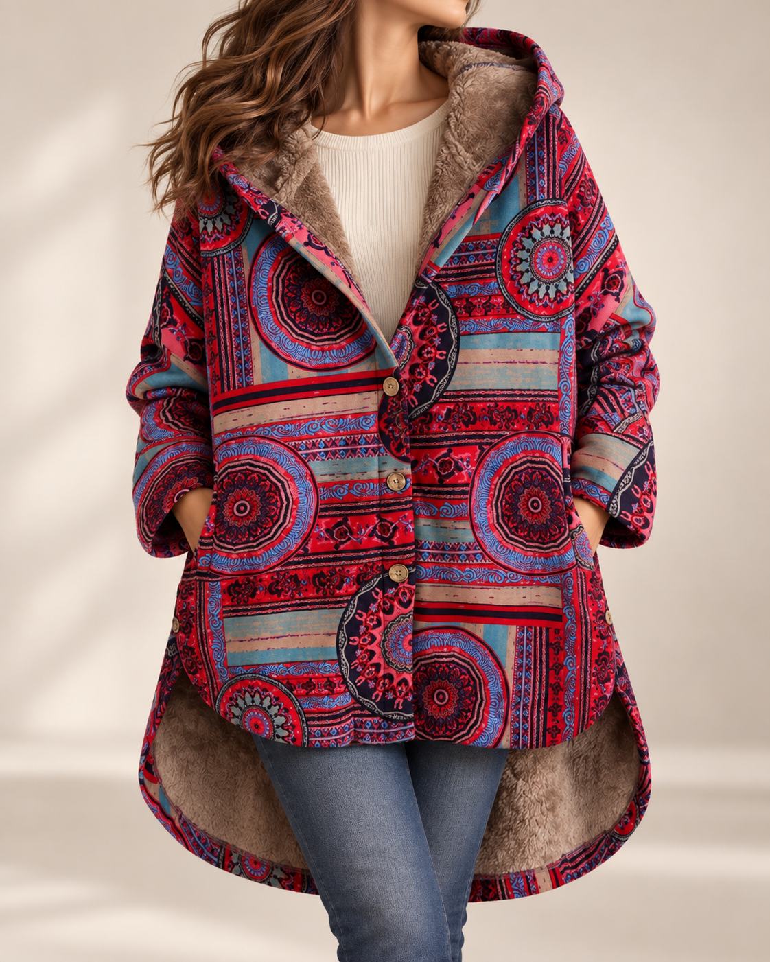Zoe | Effortless Faux Fur Coat with Bohemian Print Hood