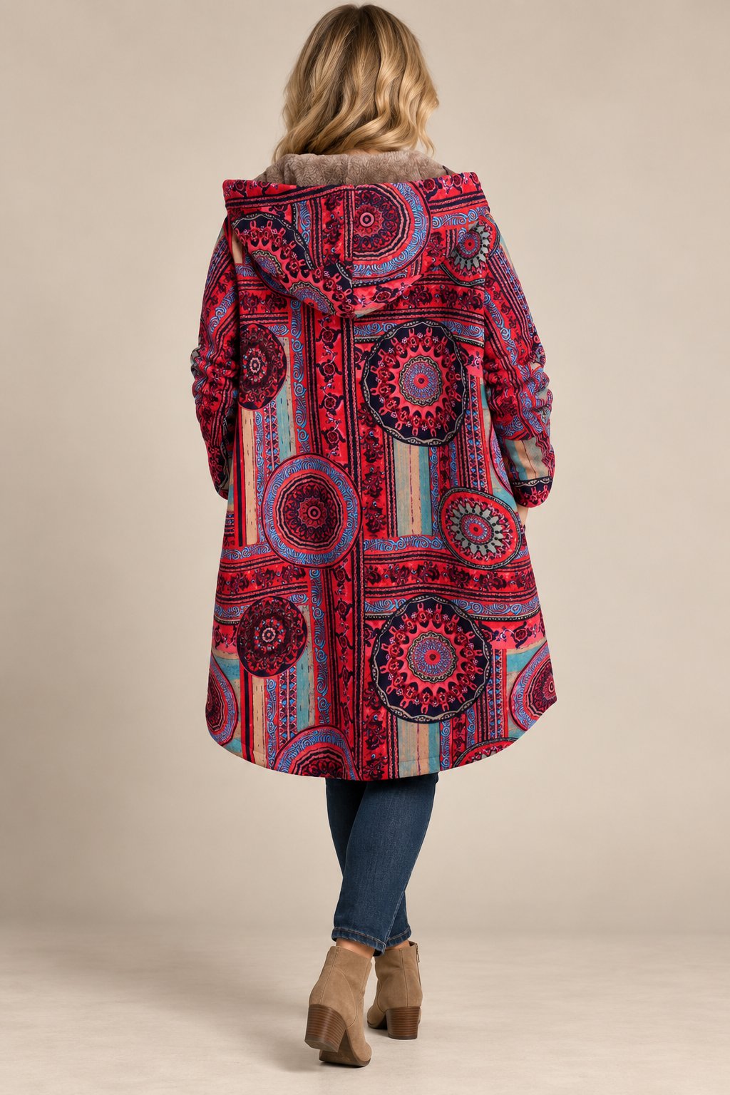 Zoe | Effortless Faux Fur Coat with Bohemian Print Hood
