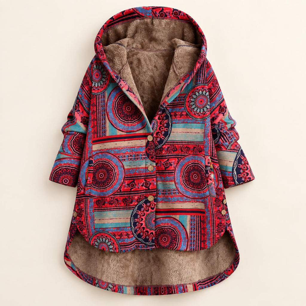 Zoe | Effortless Faux Fur Coat with Bohemian Print Hood