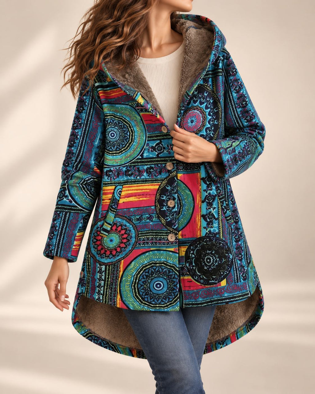 Zoe | Effortless Faux Fur Coat with Bohemian Print Hood