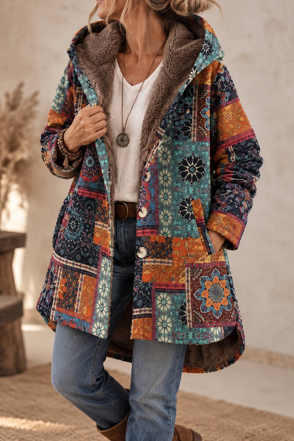 Zoe | Effortless Faux Fur Coat with Bohemian Print Hood