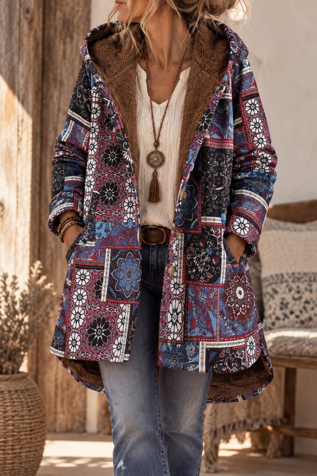 Zoe | Effortless Faux Fur Coat with Bohemian Print Hood